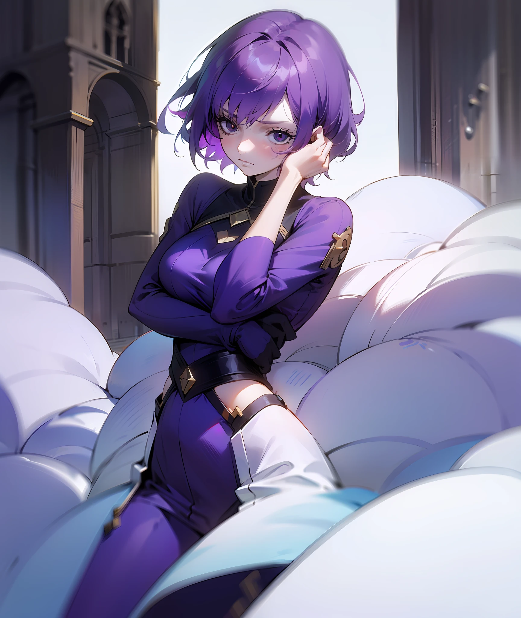 1girl, purple hair, short hair, bangs, eyes covered by hair, tired, sad, depressed, emotionless, cold, purple clothes, castle, pale skin