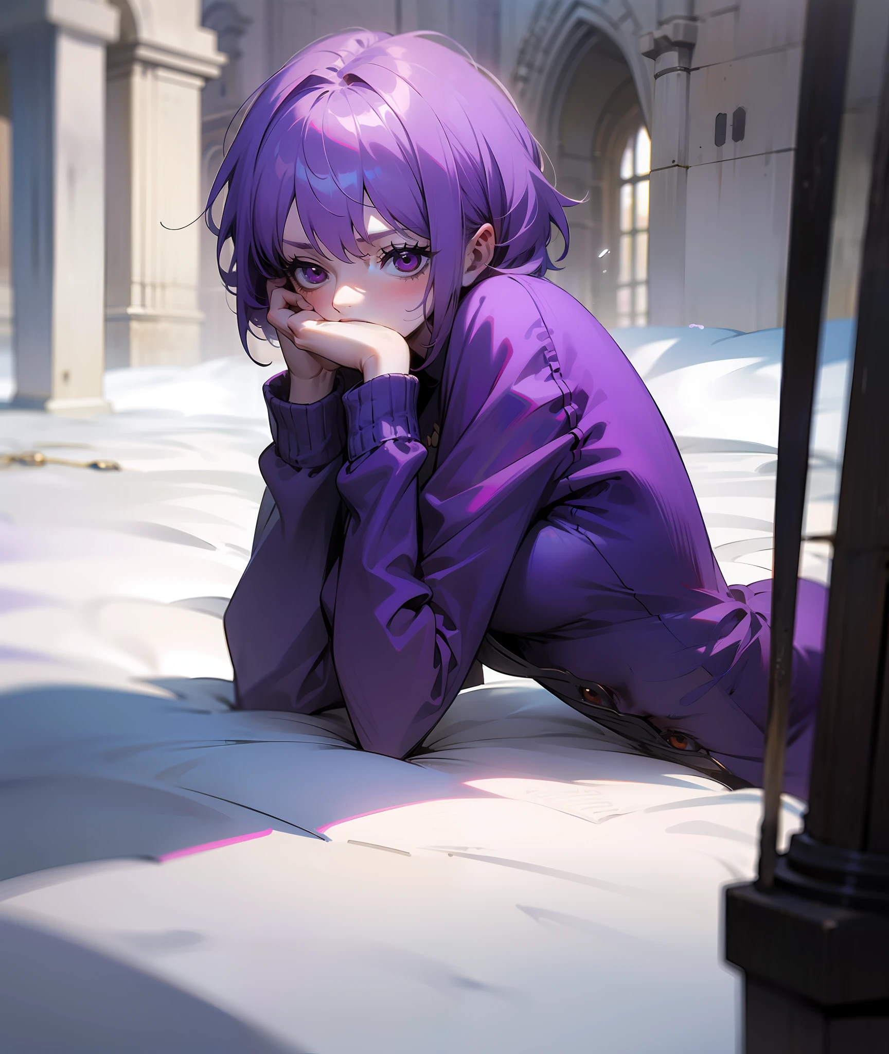 1girl, purple hair, short hair, bangs, eyes covered by hair, tired, sad, depressed, emotionless, cold, purple clothes, castle, pale skin