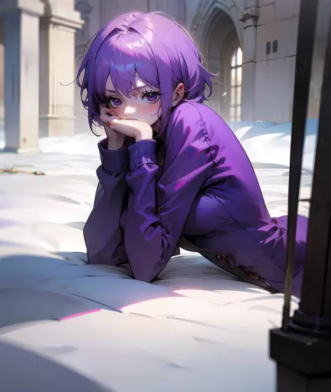 1girl, purple hair, short hair, bangs, eyes covered by hair, tired, sad, depressed, emotionless, cold, purple clothes, castle, p...