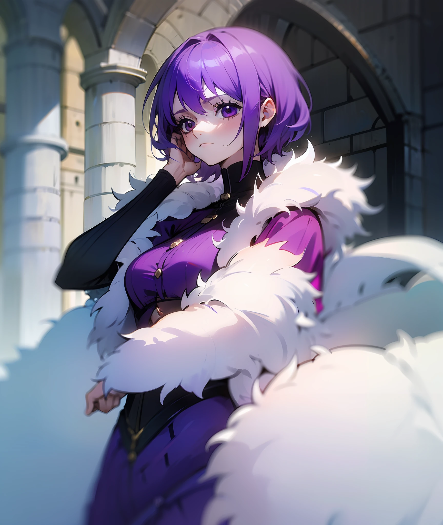 1girl, purple hair, short hair, bangs, eyes covered by hair, tired, sad, depressed, emotionless, cold, purple clothes, castle, pale skin