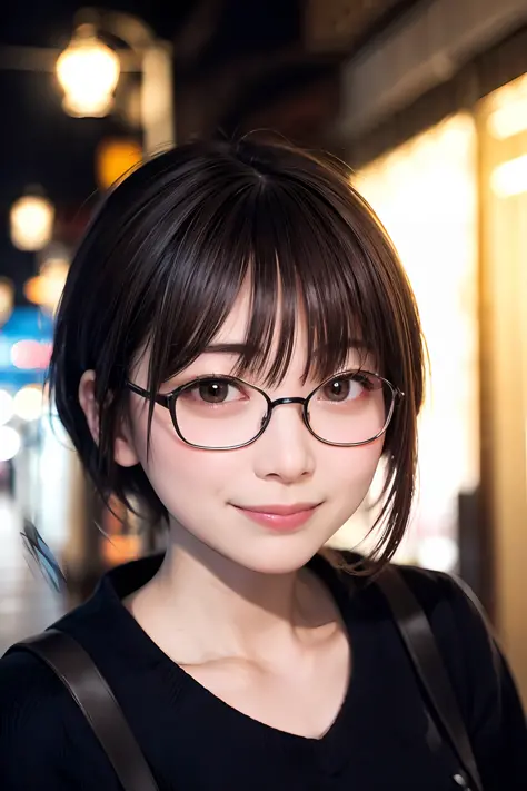 Japan girl in casual clothes on the streets of Tokyo, looking at the viewer, posing with a smile (highest quality, masterpiece))...