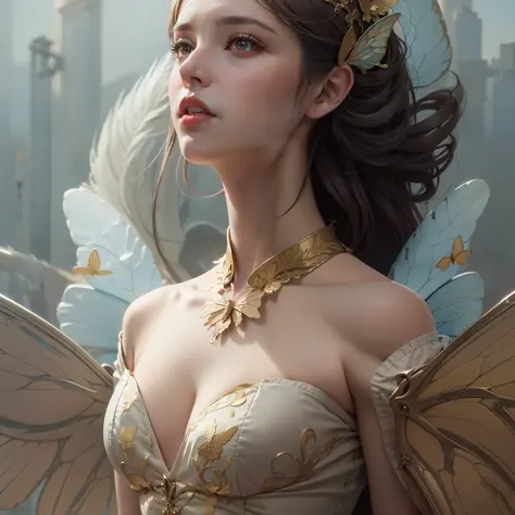A young girls with big butterfly wings, brown long hairs,  digital painting, artstation, sharp focus,