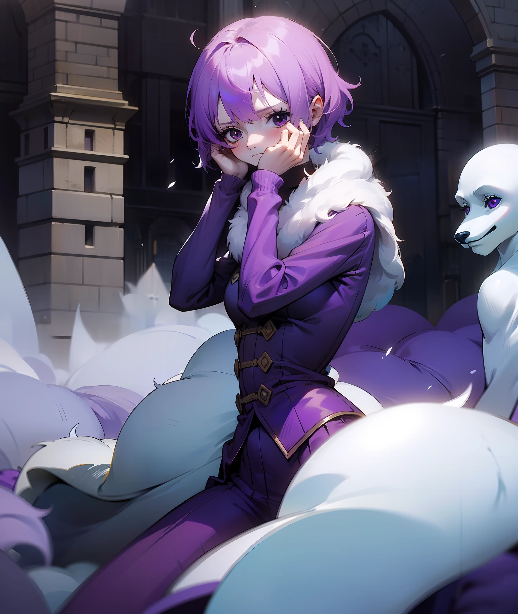 1girl, purple hair, short hair, bangs, eyes covered by hair, tired, sad, depressed, emotionless, cold, purple clothes, castle, pale skin