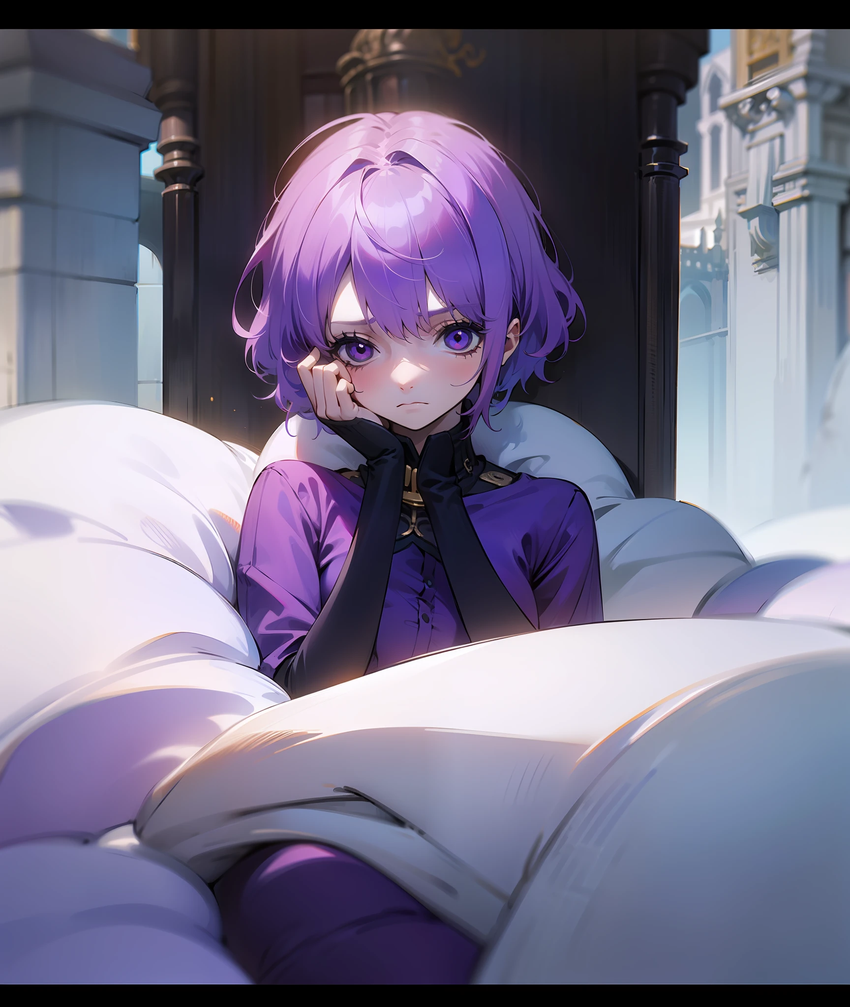 1girl, purple hair, short hair, bangs, eyes covered by hair, tired, sad, depressed, emotionless, cold, purple clothes, castle, pale skin