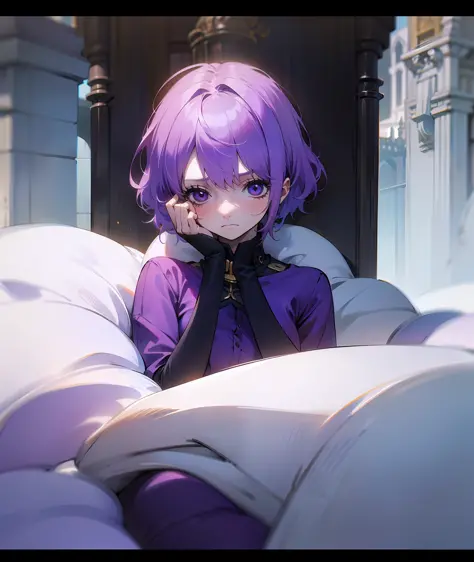 1girl, purple hair, short hair, bangs, eyes covered by hair, tired, sad, depressed, emotionless, cold, purple clothes, castle, p...