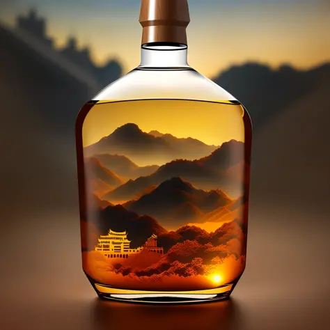 Whiskey bottle, dynasty architecture, great wall, clear glass, gradient translucent glass melt, minimalism, luminescence, landsc...