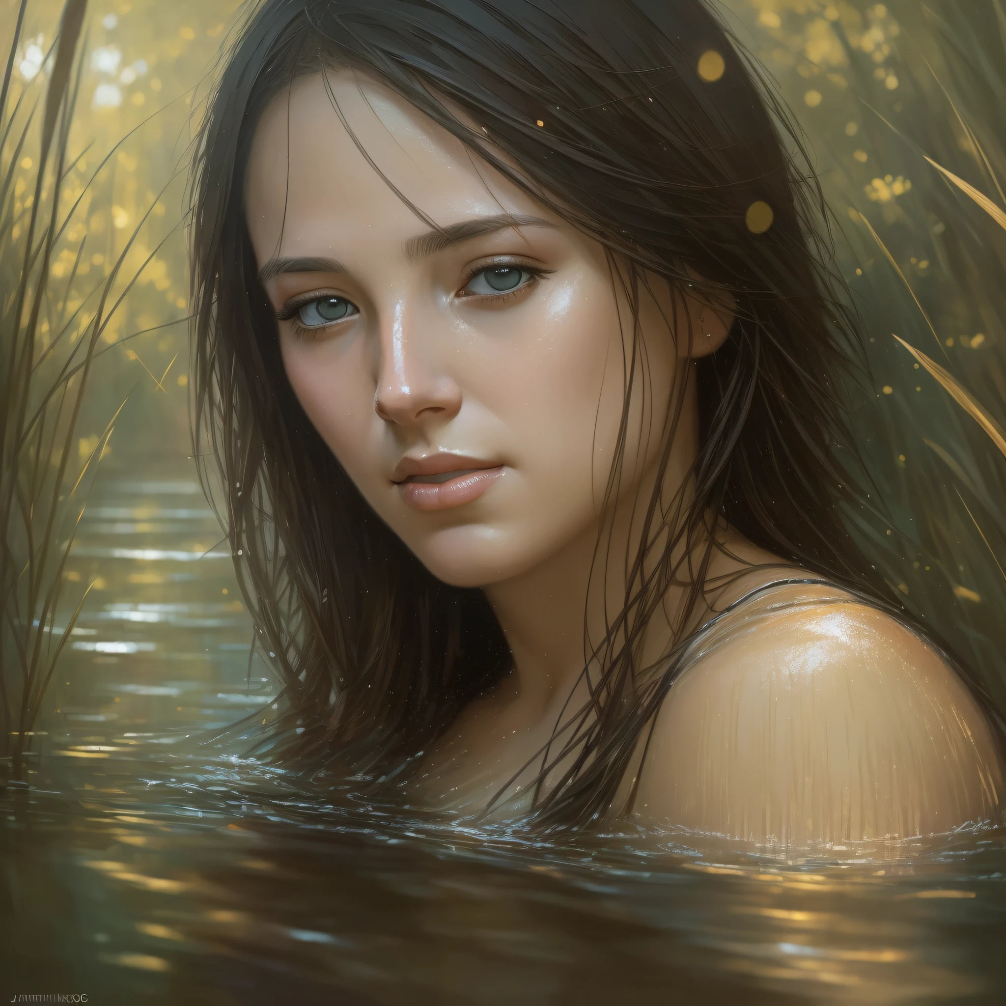 closeup portrait of a cute woman (gldot) bathing in a river, reeds, (backlighting), realistic, masterpiece, high quality, lens flare, shadow, flower, [[chromatic aberration]], by Jeremy Lipking, by Antonio J. Manzanedo, digital painting, --auto