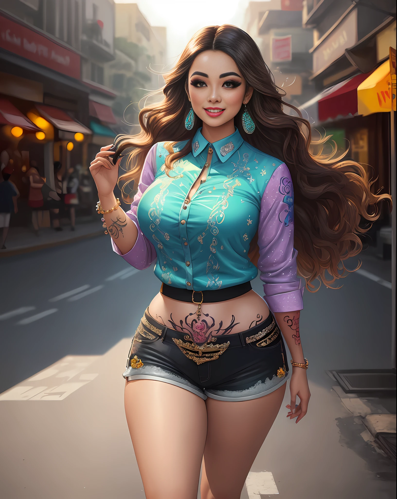 (masterpiece photography of a solo:1.2) alluring sexy curvy (27 yr old) Sundanese Supermodel Wina Dana Riniy warrier walking in style on Poris street, curvy, voluptuous, busty, thick, big breast, sexy, exotics, (wearing Blingy jewel encrusted shirt & embroidered shorts:1.3). hip hop energy, maximalism, (heavily tattooed:1.3), (sundanese makeup & jewelry:1.2) long brown wavy hair with highlights,, vivacious, lustful glance, exhilarated (beautiful detailed eyes:1.1) , (flirty bright smile:1.2), blingy shopping district,(intense dramatic light:1.4), backlit, light rays, highly detailed, trending on artstation, paint splashes, rich colour, dazzling lights all around, (perfect wavy hairstyles), abstract portrait, by Atey Ghailan