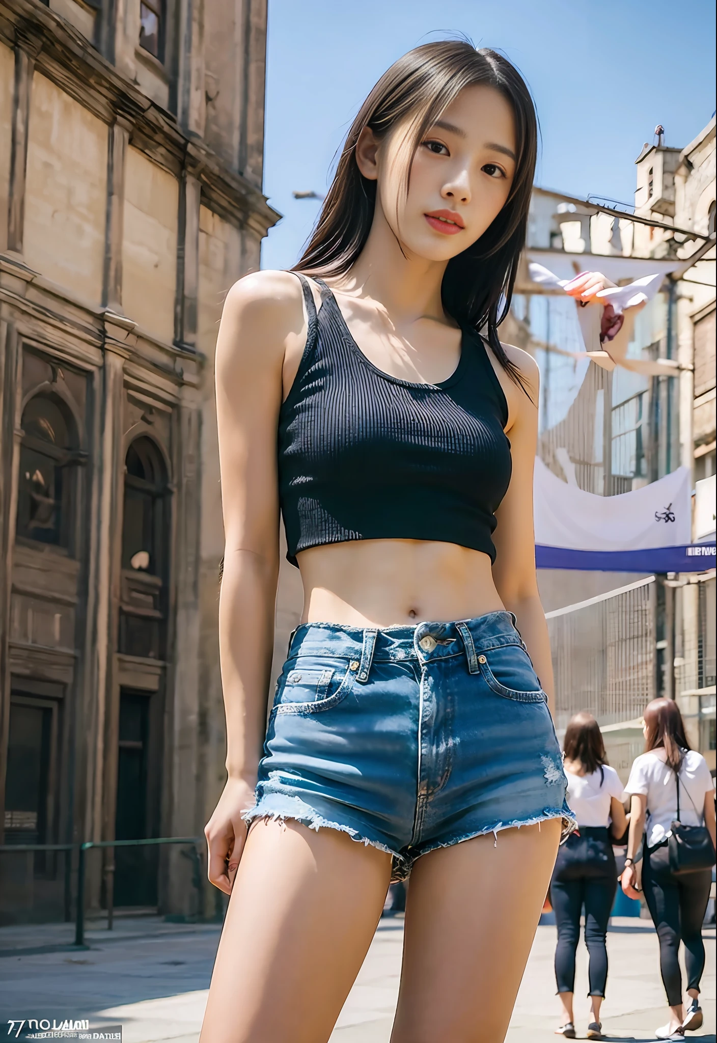 Araffe asian woman in a black top and denim shorts posing for a picture -  SeaArt AI