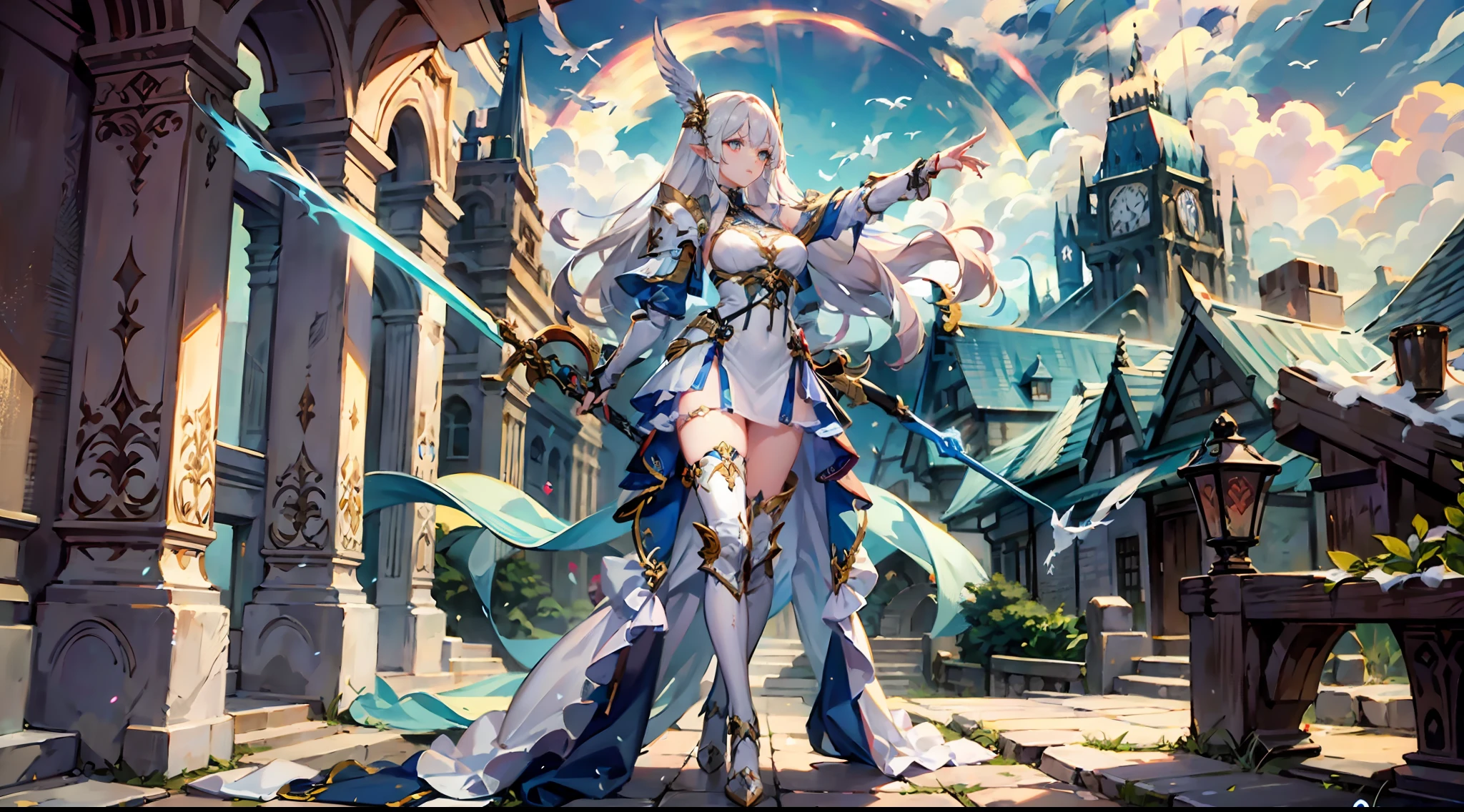 ((4k, masterpiece, best quality)), maxiskit, dressed conservative 1 girl, solo, full body, wide shooting, standing, holding a sword, white hair, long hair, elf ears, Valkyrie, armor, angel, white bra, side bangs, from the front, oversized body, night, mountain, look at the audience, an antique girl behind is a white dragon