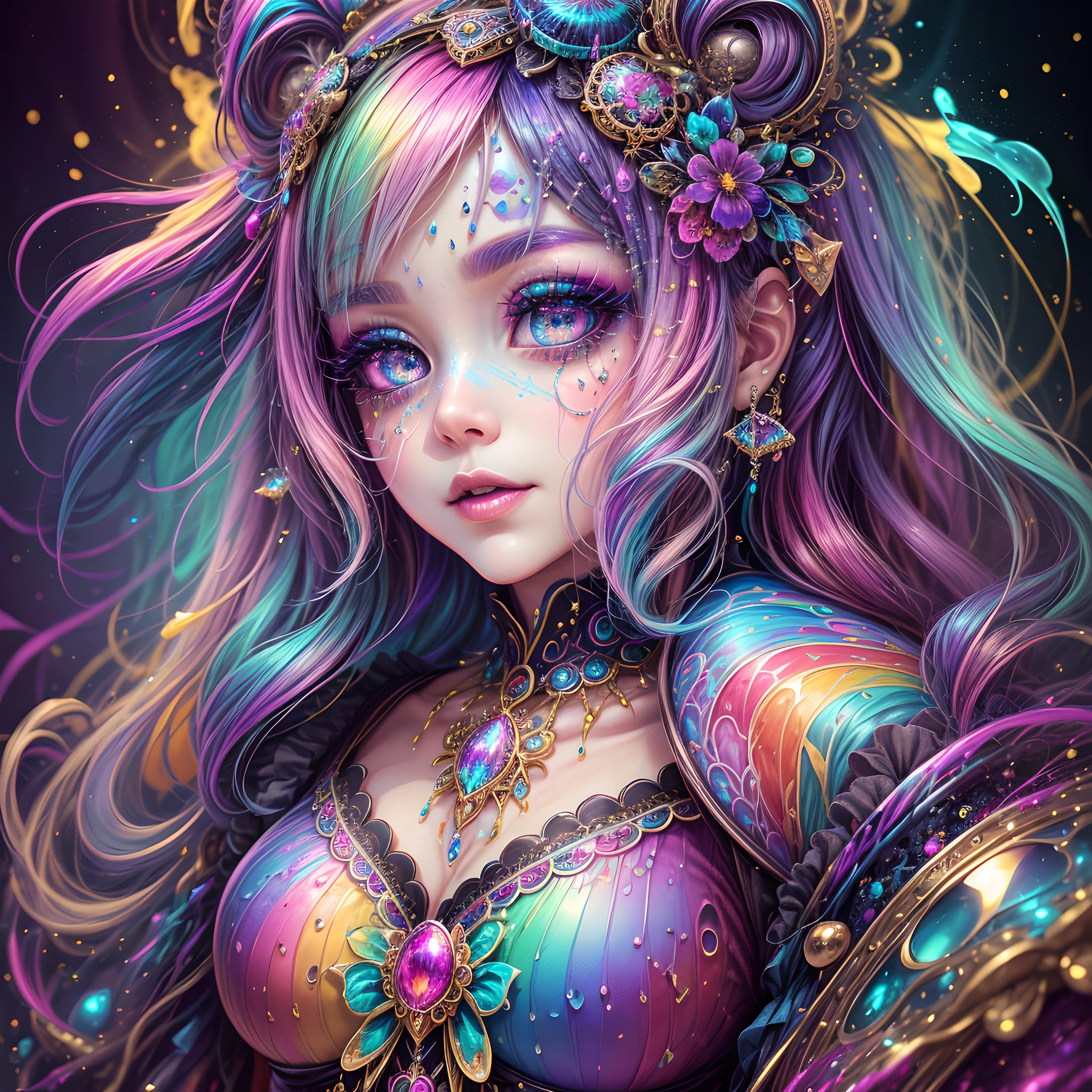 This artwork should be colorful and evoke feelings of euphoria and ecstasy. All of the colors should be bold and bright and rich. Generate a beautiful fantasy woman with a mature adult face and an interesting and dynamic manic expression. The woman is dressed in the style of Harajuku decora fashion. There are many intricate and highly detailed decora fashion accents. Clothing is ornate and extravagant with contrasting colors, textures, and patterns. Include strong influences from Lisa Frank. Include many awe-inspiring fantasy elements. ((Include phantasmal iridescence, crystals, and rainbow colors that drip like paint through the artwork.)) Rainbow paint drips through hair and onto face and body. Pay particular attention to a beautifully detailed face with realistic shading. Include 8k eyes, highly detailed eyes, realistically detailed eyes, macro eyes, bright eyes. The overall feeling of this artwork should be happiness and excitement. The artwork should be highly ornate. Impress me with saturated colors and creativity. The image should be highly creative.