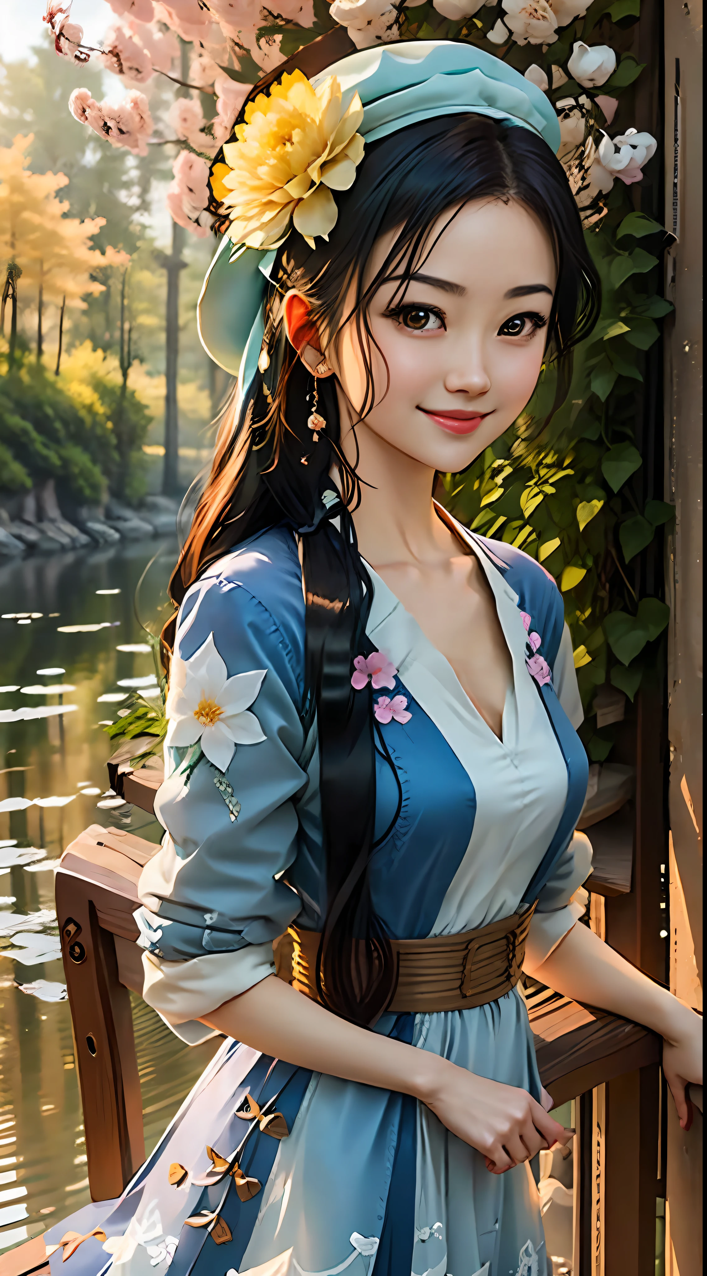 Chica de anime con un sombrero sosteniendo una flor frente a un lago, un dibujo anime de Yang J, pixiv, Arte De Fantasía, obra de arte al estilo de guweiz, guweiz, hermosa chica anime, dulce sonrisa, manos perfectas, detalle de manos. Se han mejorado los detalles. hermoso retrato animado, hermoso estilo anime, joven chica anime, tendencia en cgstation, linda chica anime, linda chica anime, retrato chica anime