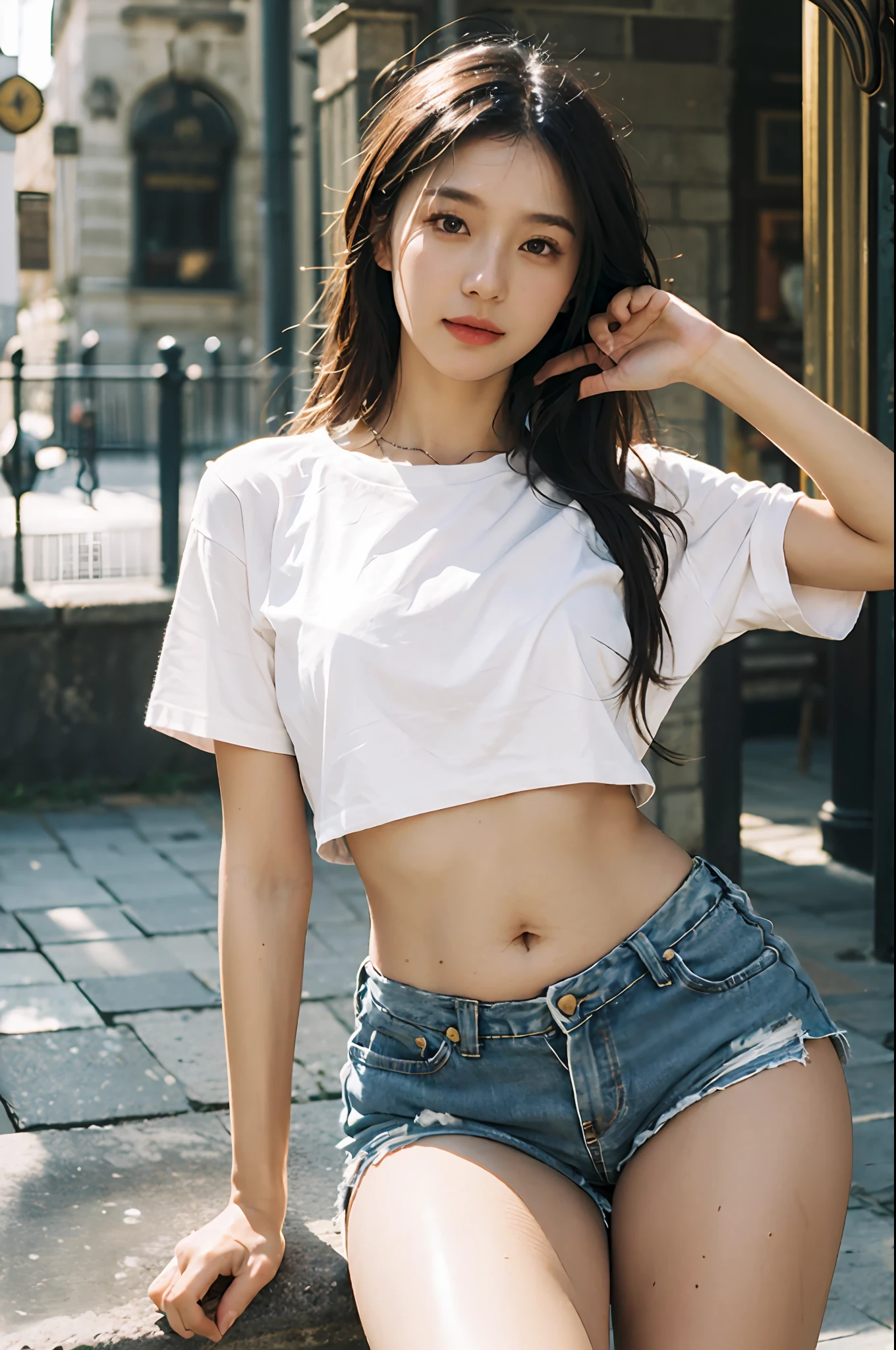 Best Quality, Masterpiece,Ultra High Resolution, (Realistic: 1.4), Original Photo, Official Art, Wallpaper, Bust Photo, Skin,Piazza dei Miracoli Background, Black Eyes, Details, Fingers, 1 Girl,,White Shirt,Belly Navel,Ragged Jean Shorts,Breeze,Sunlight,Water Mist,Studio light,