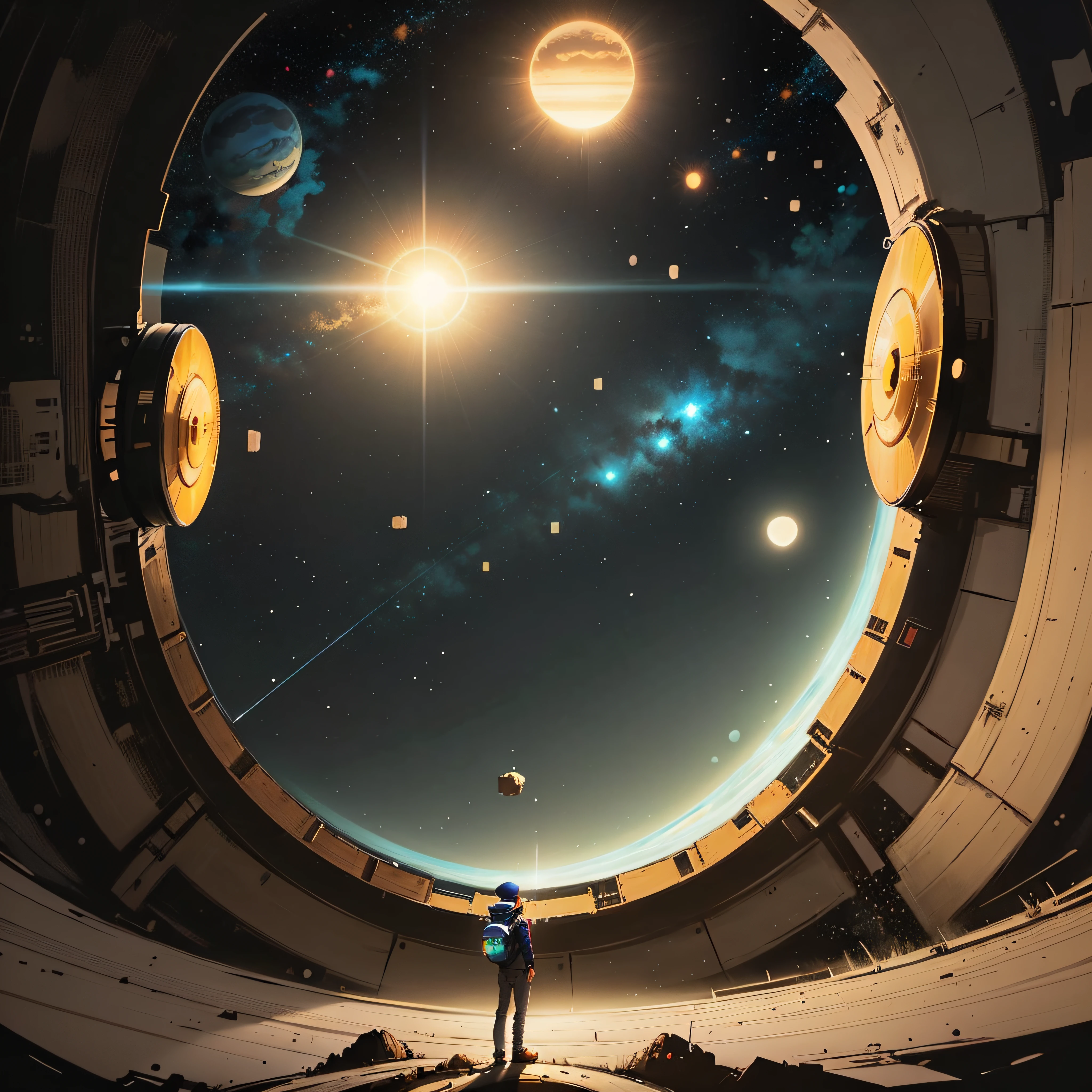 um homem parado em frente a um portal espacial com vista para o sol, Cyril Rolando e Goro Fujita, portal para outro universo, inspirado em Cirilo Rolando, Portal para outra dimensão, mundo visto apenas através de um portal, foto de estoque de fantasia de alta qualidade, portal para outro mundo, Portal para o espaço sideral, no estilo de Cyril Rolando, olhando para o espaço