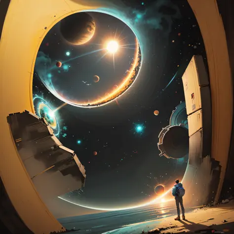 a man standing in front of a space portal with a view of the sun, cyril rolando and goro fujita, portal to another universe, ins...