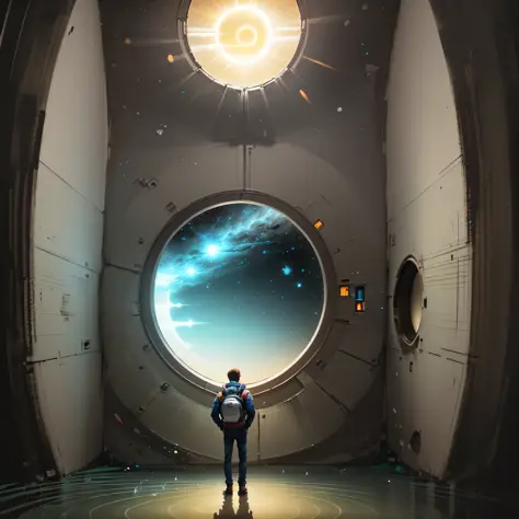 a man standing in front of a space portal with a view of the sun, cyril rolando and goro fujita, portal to another universe, inspired by Cyril Rolando, portal to another dimension, world seen only through a portal, high quality fantasy stock photo, portal ...