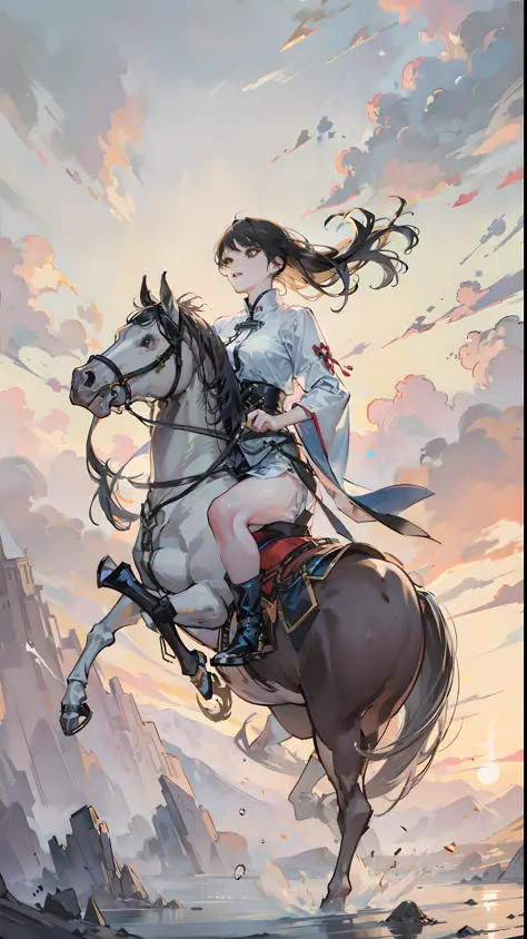 Riding Girl Black Hair Mountain Running on a Horse