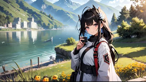 (masterpiece, best quality:1.2), ultra detailed, cinematic lighting, hdr,1girl,lorra, ilustration,  landsape,  sunrise, lake, im...