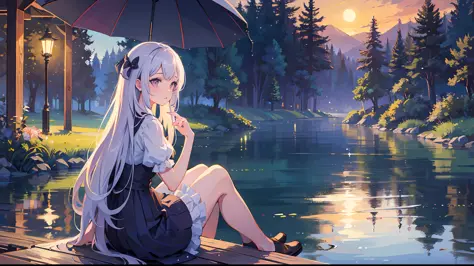 (masterpiece, best quality:1.2), ultra detailed, cinematic lighting, hdr,1girl,lorra, ilustration,  landsape,  sunrise, lake, im...