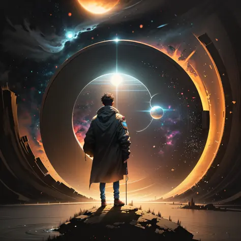 a man standing in front of a space portal with a view of the sun, cyril rolando and goro fujita, portal to another universe, ins...