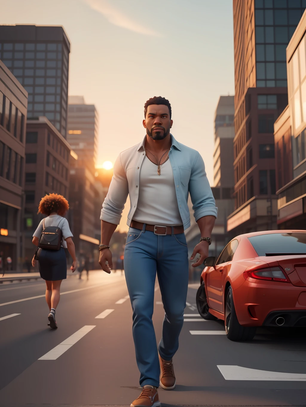 A waist high potrait of a handsome afro-american middle age manly character well built, wearing casual clothes, walking on a busy big city street, cars, people, dynamic action poses, sunrise,  rich colours , 3d render unreal engine , octane render , intricately detailed, 8k.