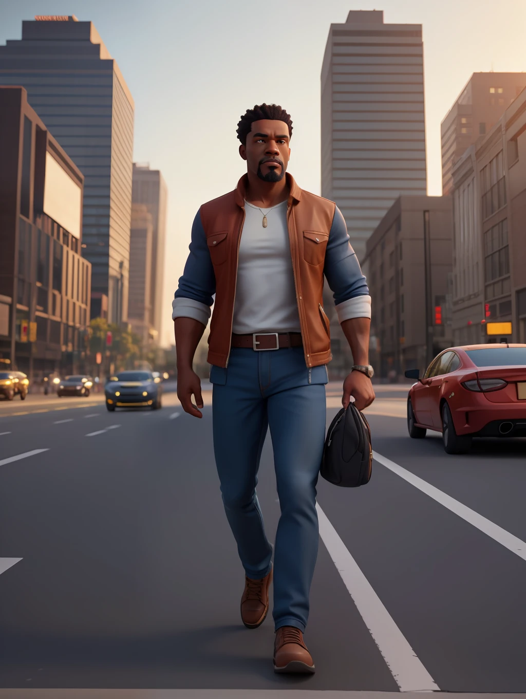 A waist high potrait of a handsome afro-american middle age manly character well built, wearing casual clothes, walking on a busy big city street, cars, people, dynamic action poses, sunrise,  rich colours , 3d render unreal engine , octane render , intricately detailed, 8k.