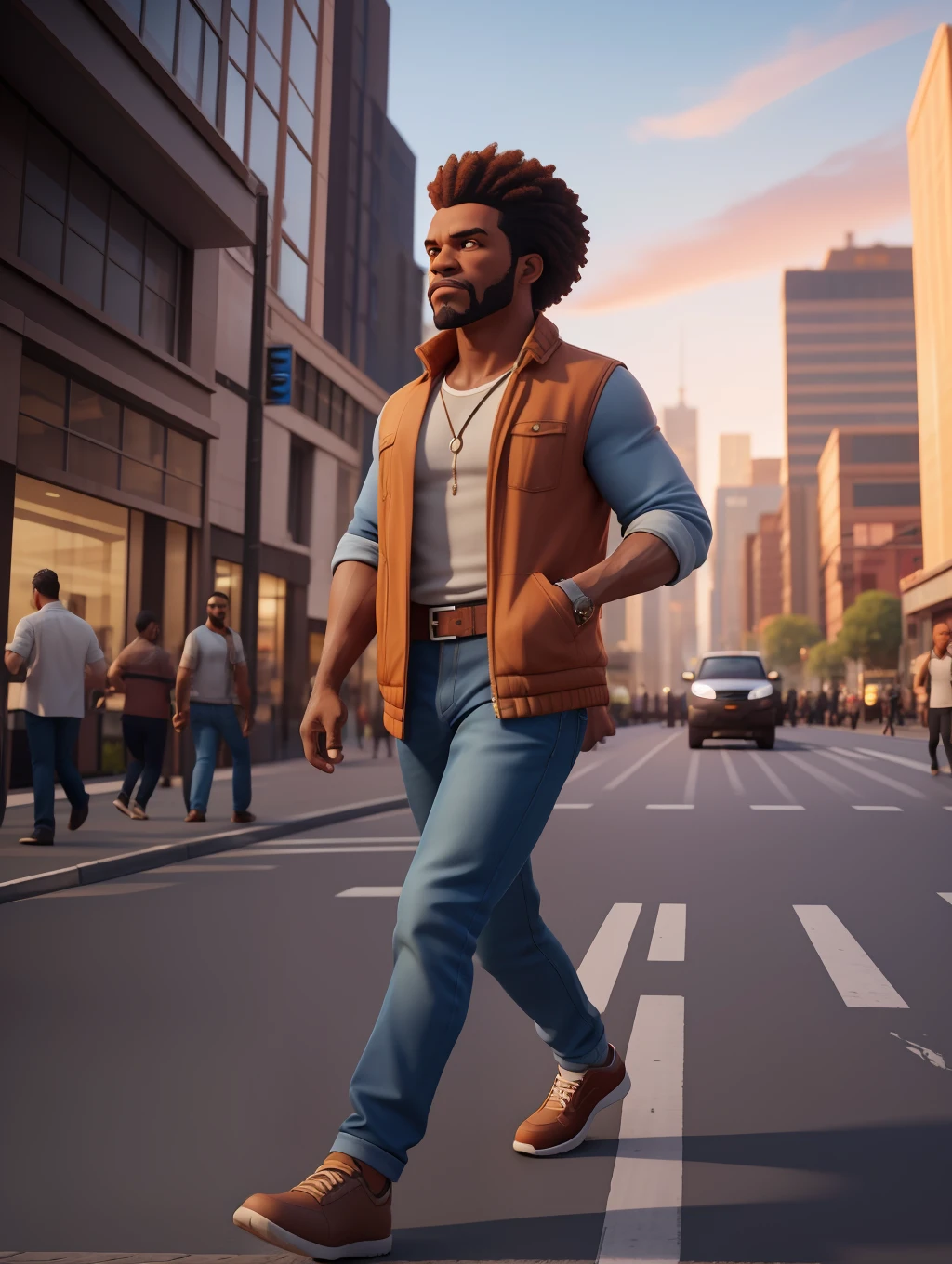 A waist high potrait of a handsome afro-american middle age manly character well built, wearing casual clothes, walking on a busy big city street, cars, people, dynamic action poses, sunrise,  rich colours , 3d render unreal engine , octane render , intricately detailed, 8k.