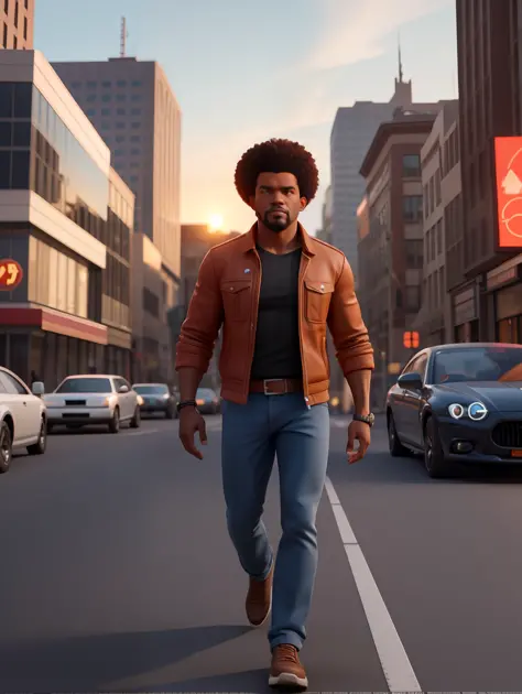 A waist high potrait of a handsome afro-american middle age manly character well built, wearing casual clothes, walking on a bus...