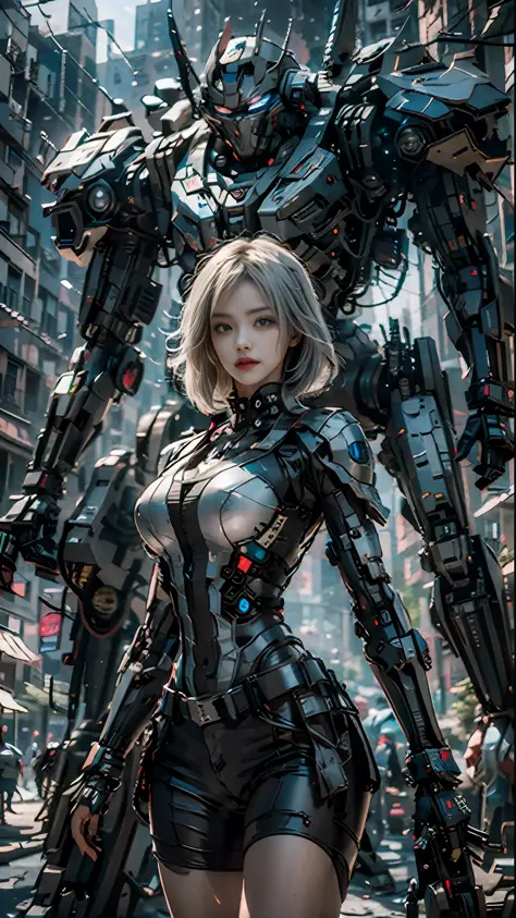 ((Best Quality)), ((Masterpiece)), (Very Detailed:1.3), 3D, Shitu-mecha, Beautiful cyberpunk woman with her black mech in the ruins of a city in the forgotten war, Ancient technology, white hair, HDR (High Dynamic Range), ray tracing, NVIDIA RTX, super res...