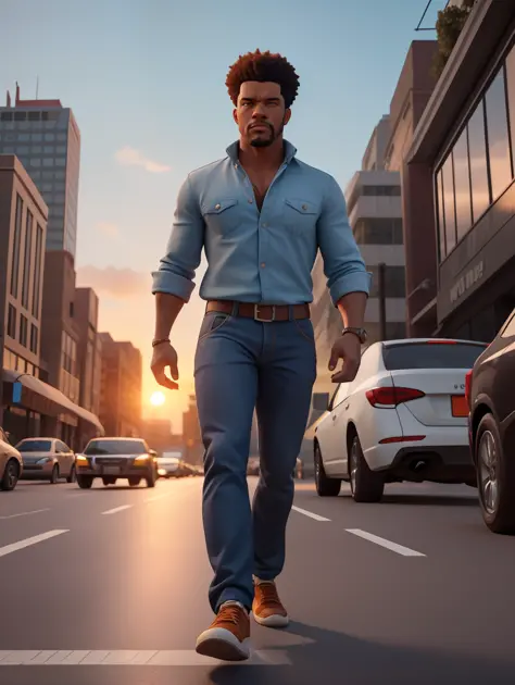 A waist high potrait of a handsome afro-american middle age manly character well built, wearing casual clothes, walking on a bus...