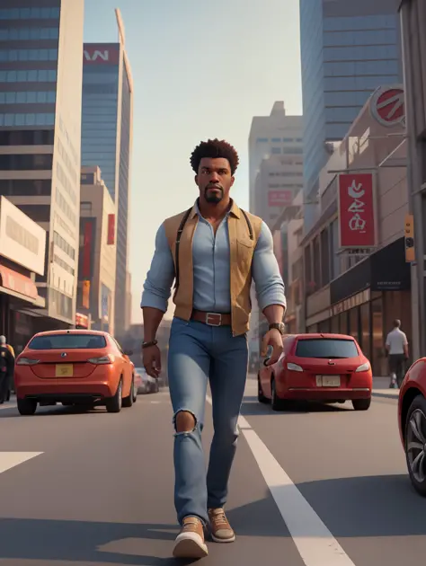 a waist high potrait of a handsome afro-american middle age manly character well built, wearing casual clothes, walking on a bus...