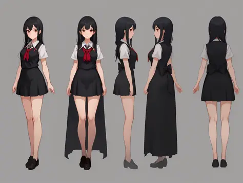 dynamic series of drawings showing a Girl with long loose black hair, wearing a school uniform, shy girl, outlined!!!, 1girl, 18 years, erotic body, thick thighs, (Japanese scholar uniform), glowing eyes, (black hair: 1.2),  drawing character sheet, pose r...