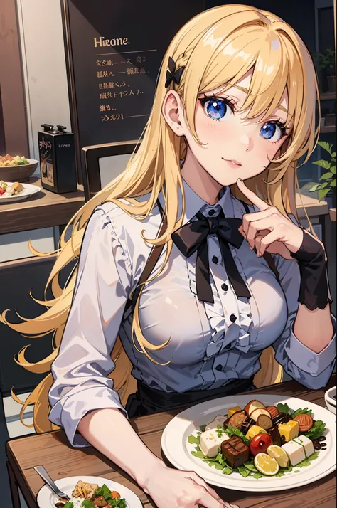 anime girl with long blonde hair sitting at a table with a plate of ...