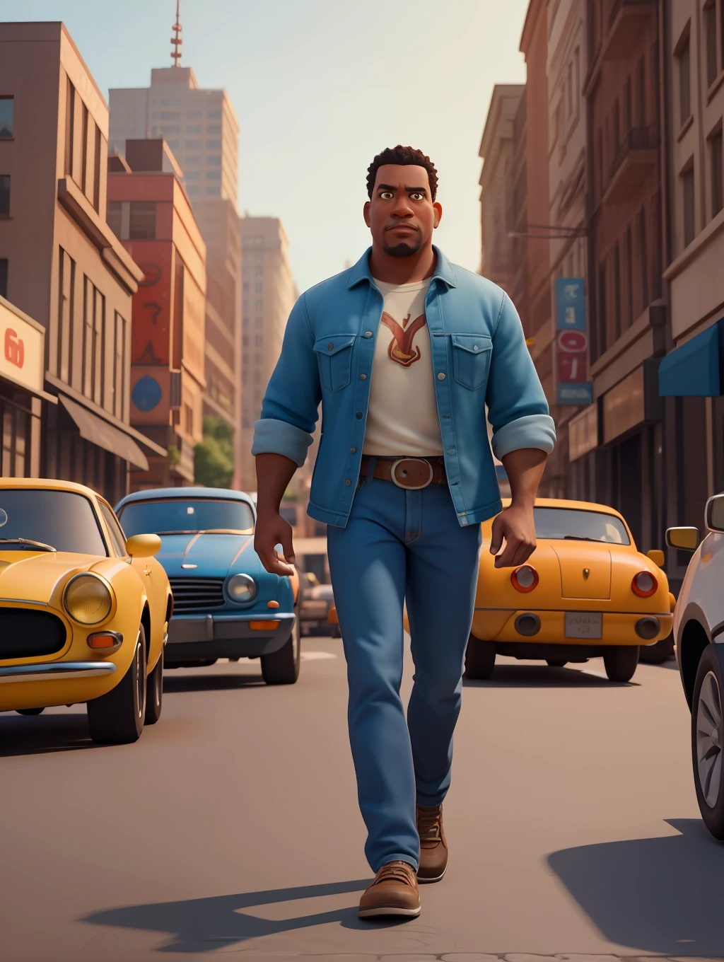 A waist high potrait of a handsome afro-american middle age manly character well built, wearing casual clothes, in the style of Pixar Animation, walking on a busy big city street, cars, people, dynamic action poses, sunrise,  rich colours , 3d render unreal engine , octane render , intricately detailed, 8k, Pixar Animation.