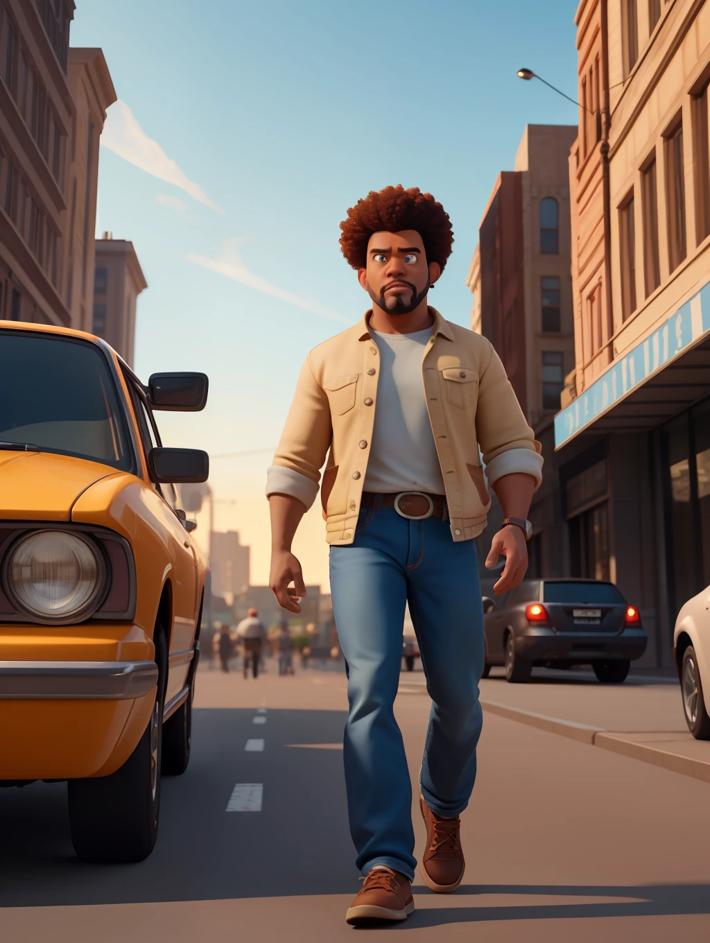 A waist high potrait of a handsome afro-american middle age manly character well built, wearing casual clothes, in the style of Pixar Animation, walking on a busy big city street, cars, people, dynamic action poses, sunrise,  rich colours , 3d render unreal engine , octane render , intricately detailed, 8k, Pixar Animation.