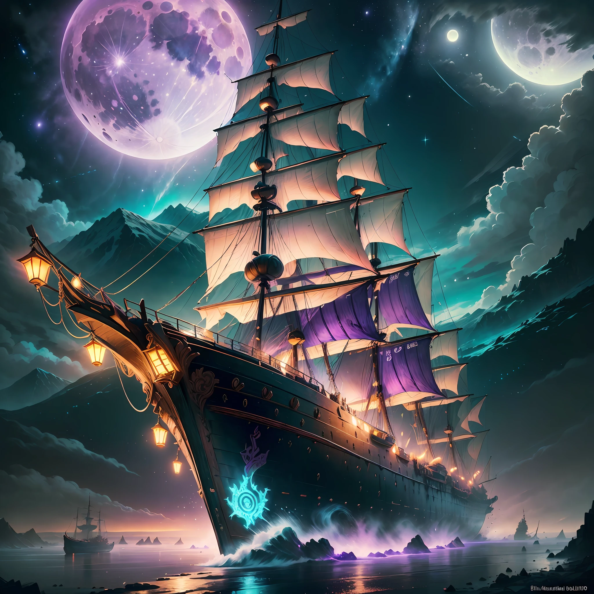 Computer visualized graphics, realistic fantasy, Extensive landscape ultra photography (general view, which shows a huge wooden sailing ship, with decks, 4 decks, stern, hold, + a lot of sails, + bow, + tank, + stern, + ut + decks
Horizontal platforms - decks, full moon, night sky, blurred background, warm, yellow, purple background, pink, warm, magic, "Hyper-realistic textures," "Precise details," "Realistic still life," "Realistic portraits," "Realistic landscapes." Watercolor Drawing, "Majestic mountains," "Hyper-realistic textures," Banksy, Liu Bolin, Ansel Adams, Yoshitaka Amano realistic fantasy, Extensive landscape ultra photography, blurred background, cool, turquoise hue, a bit of purple, airy color, magic, "Hyper-realistic textures," "Precise details," "Realistic still life," "Realistic portraits," "Realistic landscapes." Lit cityscapes,” “Starry skies,” “Moonlit landscapes,” “Night time portraits,” “Long exposures.” 16:9 --ar --auto