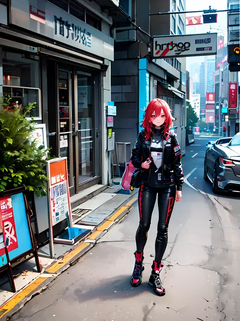 On the street there is a woman with red hair and black leather pants, wearing cyberpunk streetwear, cyberpunk streetwear, wearin...