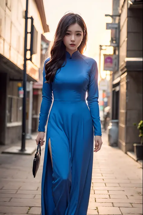 a beautiful girl in vintage colors aodai , masterpiece, best quality, realistic:1.3, street, cyberpunk, sunlight, backlighting, ...