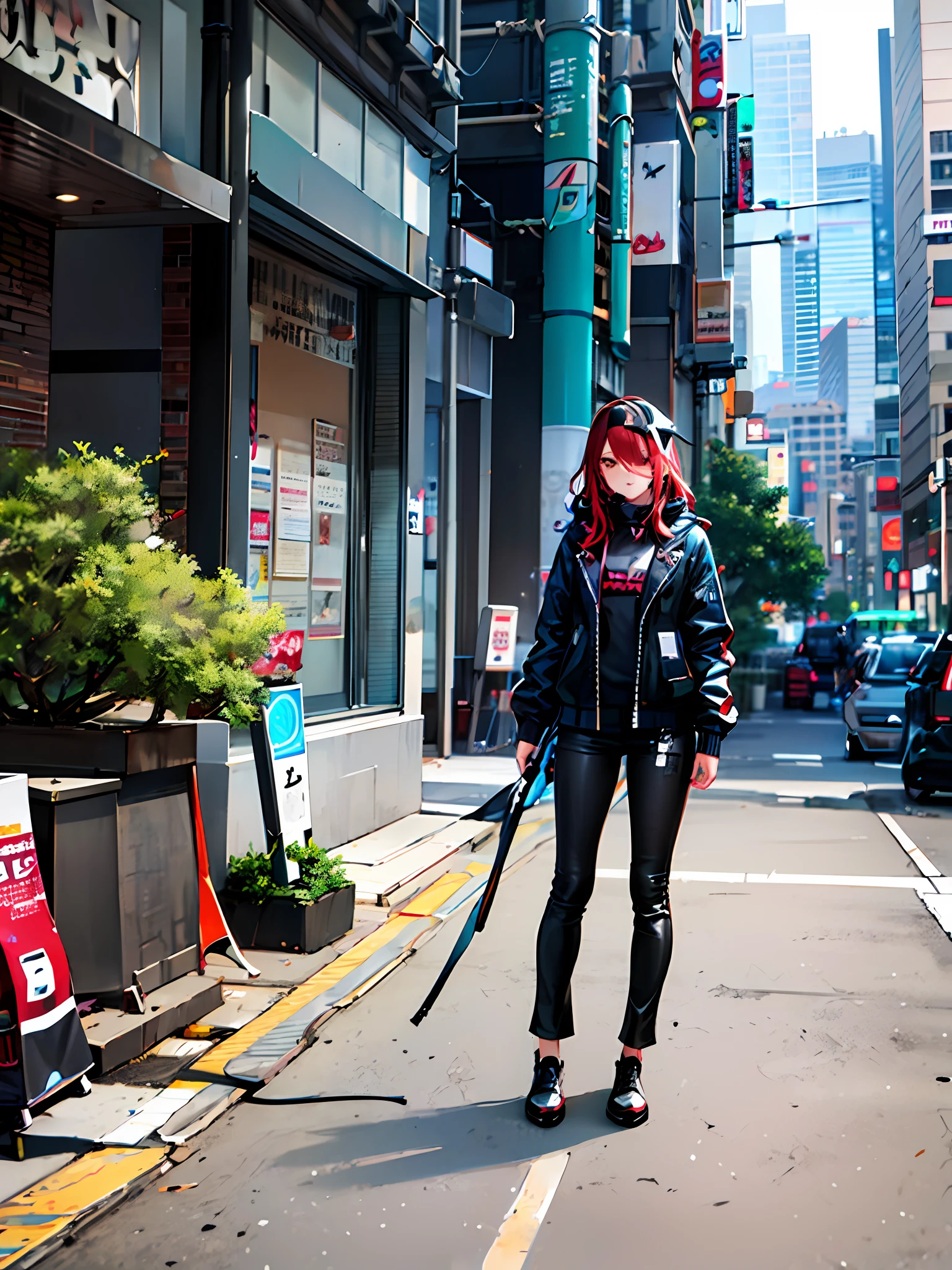 On the street there is a woman with red hair and black leather pants, wearing cyberpunk streetwear, cyberpunk streetwear, wearing Japanese tech suits, revealing clothes, in cyberpunk city, in cyberpunk city, in cyberpunk setting, female cyberpunk anime girl, modern cyberpunk anime, cyberpunk style clothing, japanese cyberpunk street, cyberpunk city cyberpunk, photo of woman in tech clothing,