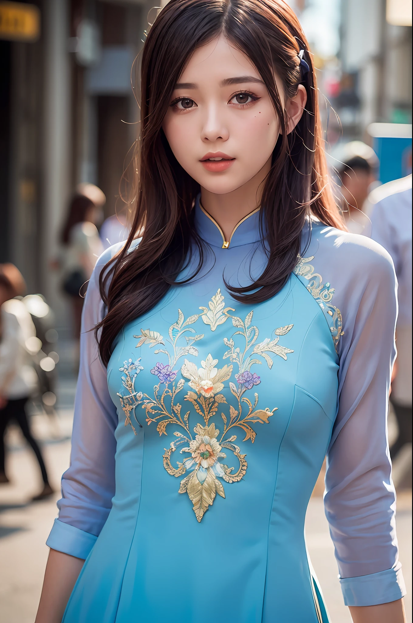 a beautiful girl in vintage colors aodai , masterpiece, best quality, realistic:1.3, street, cyberpunk, sunlight, backlighting, artstation, intricate details, vignette