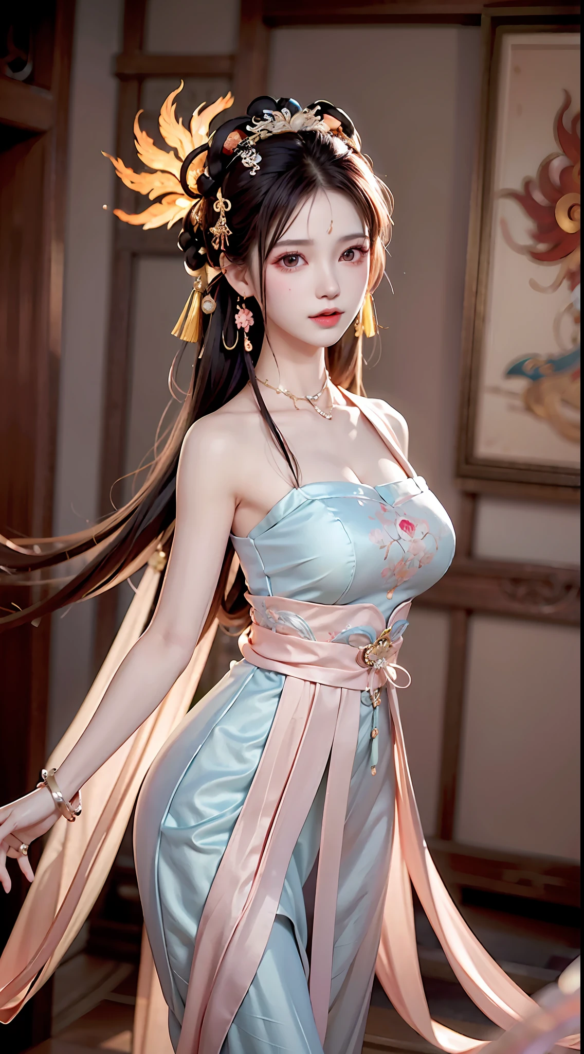 Bust photo, a beautiful woman, messy hair, girly, symmetrical bun, hair accessories, jewelry, delicate face, eye shadow, purple top, purple, purple, purple long skirt, Dunhuang style, delicate embroidery, silver decoration, silver streamer, white streamer, light blue streamer, delicate skin, soft light effect, delicate and silky hair, delicate details, eye highlight, fair skin, fine portrayal, extreme details, cinematic quality, thin, slender, broken, hair details, thin bangs, shawl hair, Correct body, shadow, air bangs, 8K, super fine, fine fabric texture, soft, supple, smooth texture, Dunhuang style, delicate pattern, correct hand painting, anatomical correct, accurate, night, dark night, lighting, Tyndall effect, ray tracing, HUD, stunning antique beauty, perfect face, perfect delicate and clear facial features (detailed face portrayal), the most beautiful big eyes, beautiful pupils, long eyelashes, delicate and beautiful makeup, blush, moist pink lips, ((( Gorgeous sleeveless pink slim silk embroidered phoenix robe)))) ,,, black shiny hair coiled up (Chinese antique style hairstyle design), exquisite hairpin hair ornaments, exquisite earring necklace, noble temperament, slender waist, slender legs, perfect body, sexy and charming, precise and perfect human body structure, charming curves, big buttocks, facing the viewer, gorgeous palace interior, carved jade masonry, master works, masterpieces, the best quality, high quality, high resolution, , movie lighting, depth of field, close-up. Bust photo