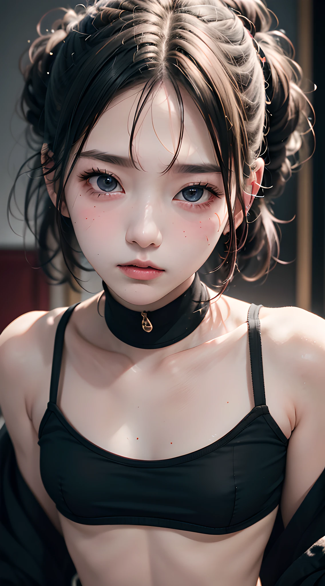 (masterpiece, best quality, beautiful girl, pretty face:1.2), (close up face:1.1), 8k, official art, raw photo, absurdres, crop top, looking at viewers, slender, teen, facelight, film grain, chromatic aberration, sharp focus, dynamic lighting, cinematic lighting