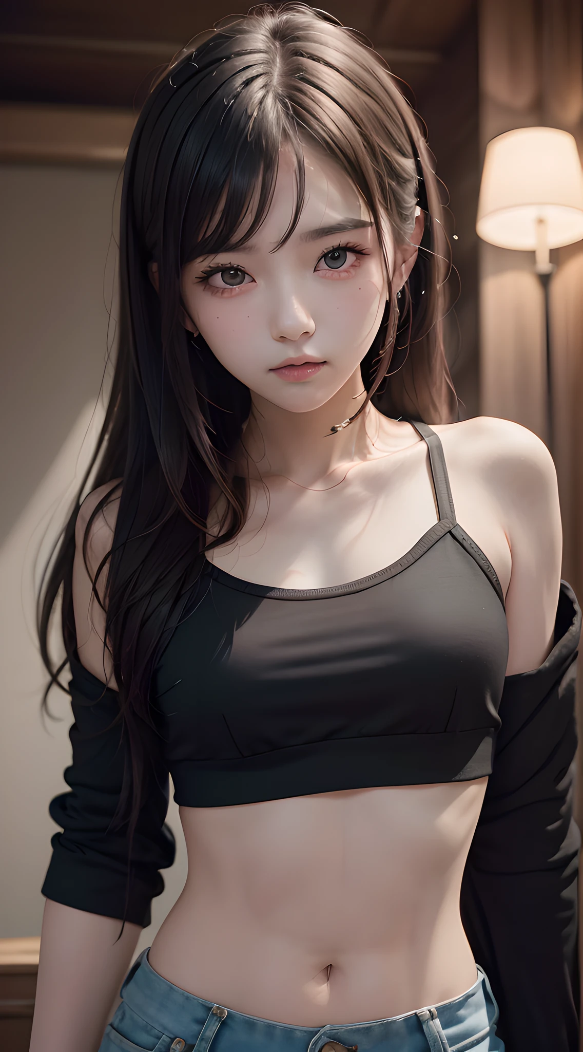 (masterpiece, best quality, beautiful girl, pretty face:1.2), (close up face:1.1), 8k, official art, raw photo, absurdres, crop top, looking at viewers, slender, teen, facelight, film grain, chromatic aberration, sharp focus, dynamic lighting, cinematic lighting