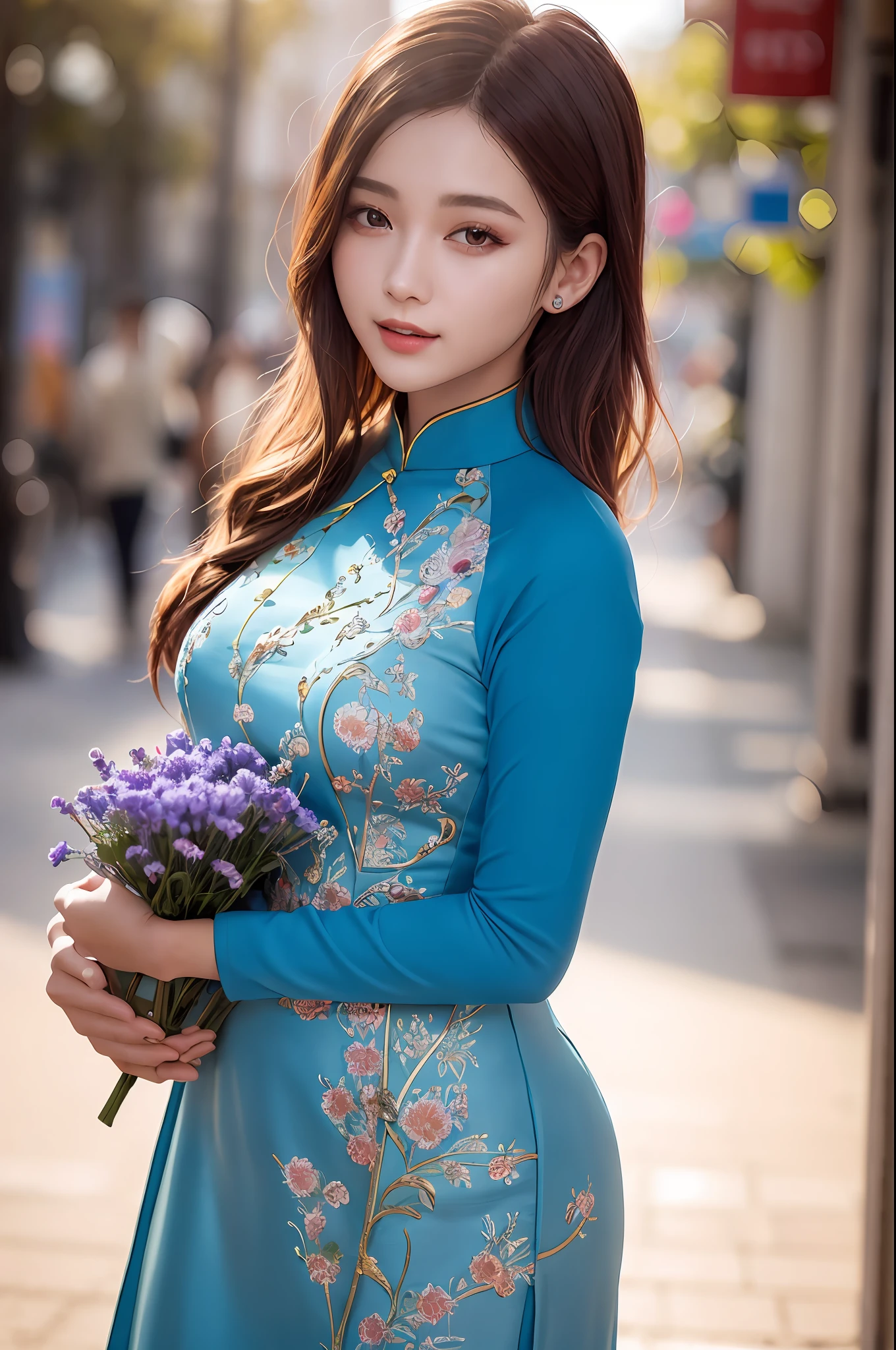 a beautiful girl in vintage colors aodai , masterpiece, best quality, realistic:1.3, street, holding bundle of flowers, sunlight, backlighting, artstation, intricate details, vignett