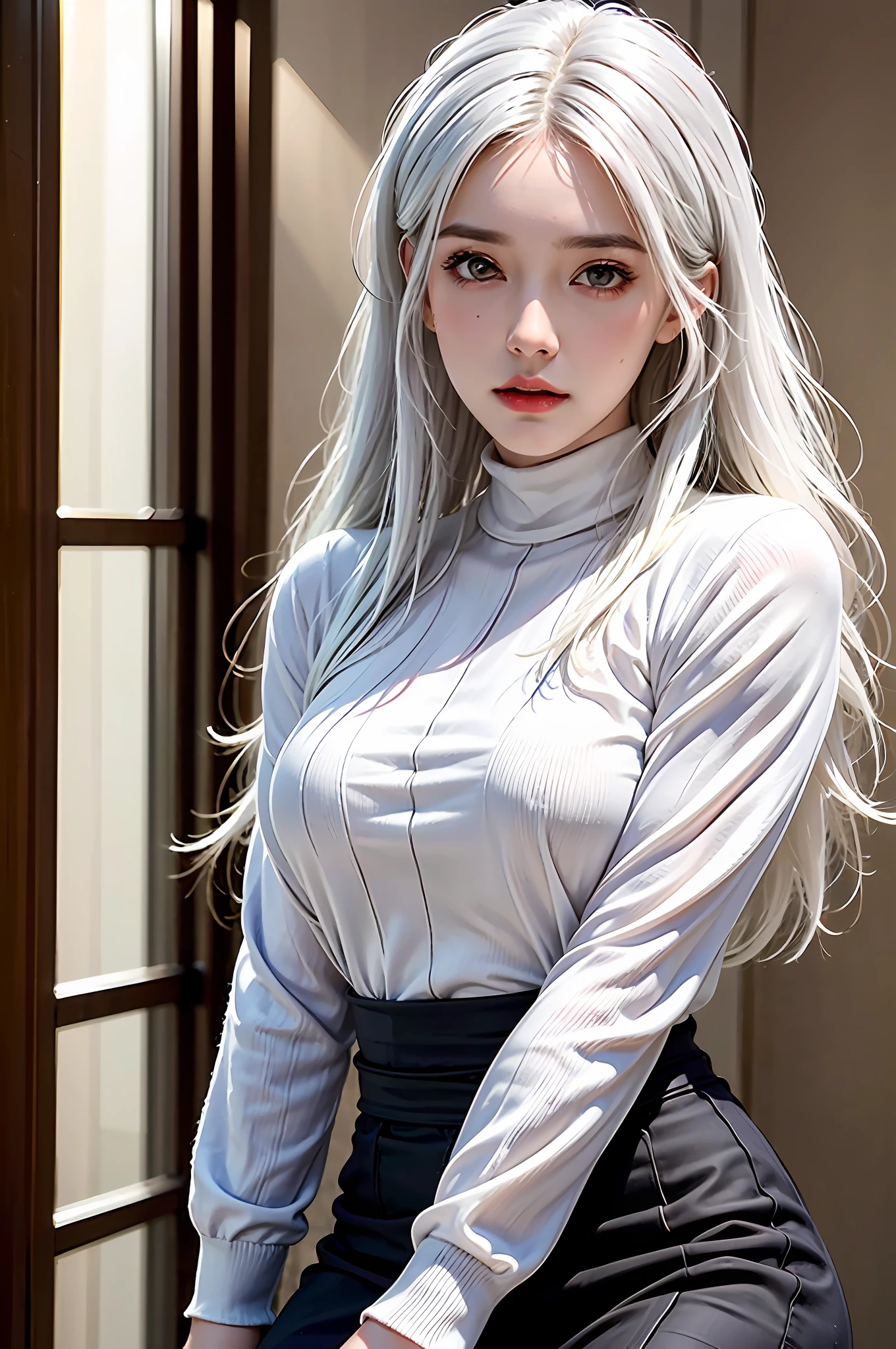 Best Quality, Masterpiece, Ultra High Resolution, (Photorealistic: 1.4), , In Dark, Deep Shadow, Low Key, Cold Light, natural background, 1 girl, white hair, detailed face, solo, turtleneck sweater, skirt