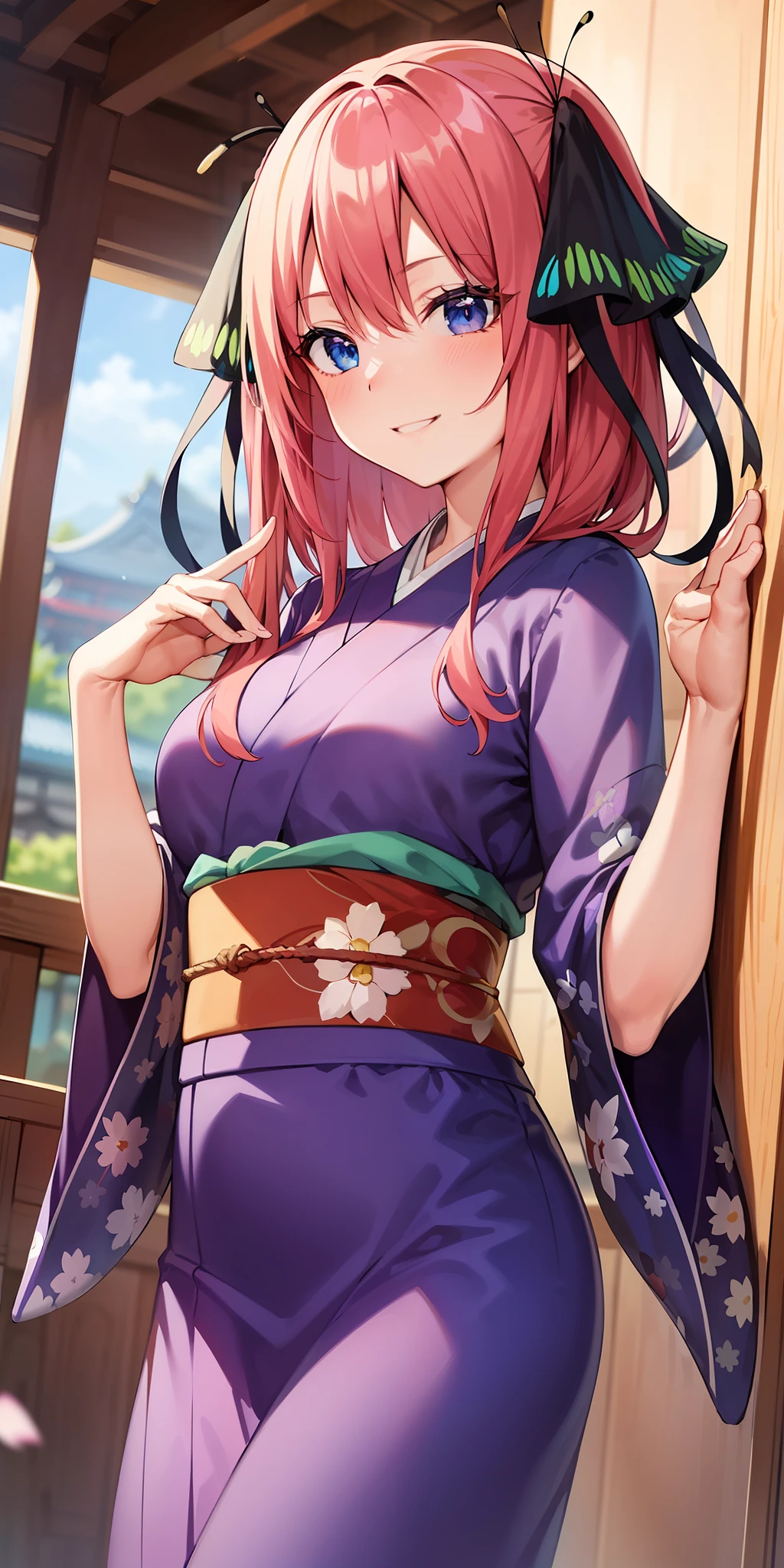 2d, masterpiece, best quality, anime, highly detailed, 1girl, solo, cowboy shot, nakano nino, pink hair, butterfly hair ornament, japanese clothes, purple kimono, medium breasts, smile, east asian architecture
