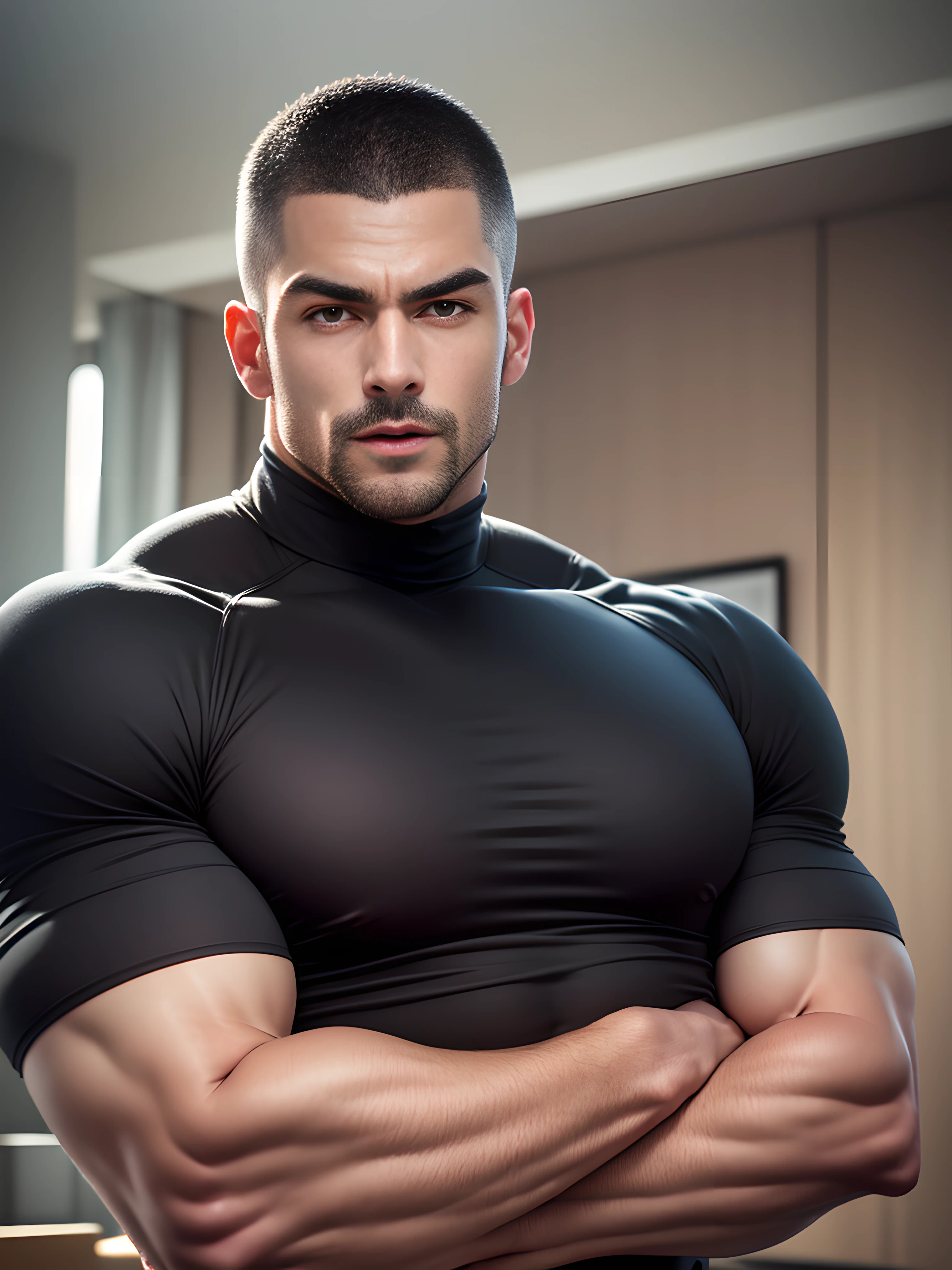 Character design (open mouth muscle special forces, Buzz Cut, tough guy) wearing a long-sleeved dark black high-neck stretch tight T-shirt, officer uniform, standing in a luxurious bedroom, looking intoxicated and enjoyed, eyes slightly narrowed, mouth open into an O-shape, expression enjoyment, deep and charming eyes, emerald-like pupils, he is tall, burly, muscular! Sexy charming muscular leg muscles, tall burly, dark black long sleeve stretch turtleneck skinny T-shirt, super gain and cool, high resolution commission, white sneakers, warm lights on the body, camouflage pants, expression mesmerized enjoyment