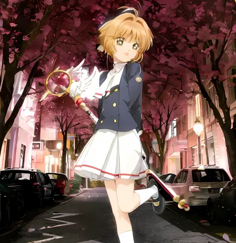 anime girl in uniform walking down a street with a skateboard, sakura from cardcaptor sakura, cardcaptor sakura, aya takano colo...