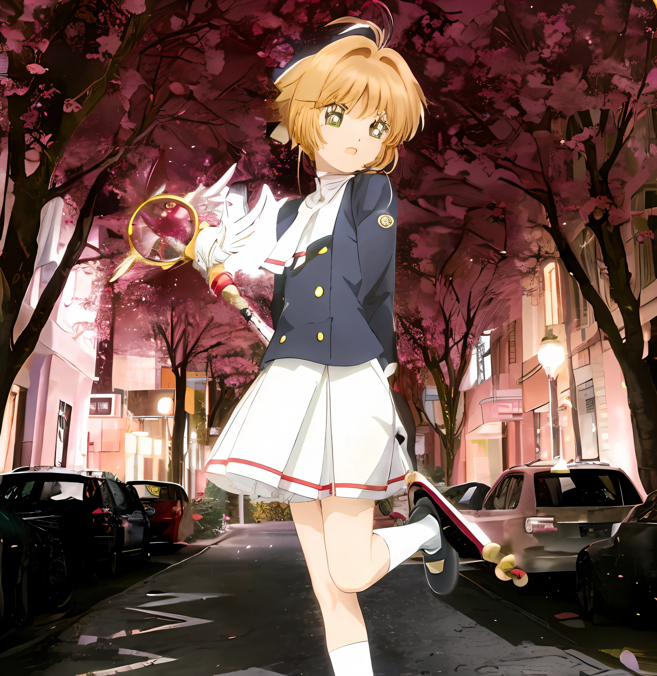 Garota de uniforme de anime andando por uma rua com um skate, sakura from Sakura captora de cartas, Sakura captora de cartas, estilo de cor aya takano, sakura kinomoto, pétalas de sakura ao seu redor, protagonista feminina 👀 :8, Yandere. alto, inspirado em Narashige Koide, ( ( pare quatro # ) ), como personagem de anime