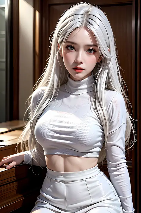 Best Quality, Masterpiece, Ultra High Resolution, (Photorealistic: 1.4), , In Dark, Deep Shadow, Low Key, Cold Light, china view, 1 girl, white hair, detailed face, solo, black turtleneck sweater, white skirt